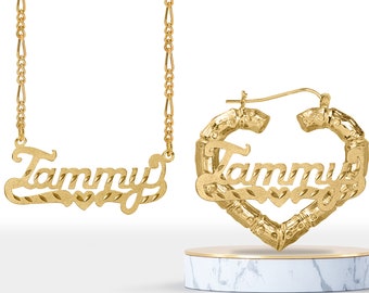 Name Plate Necklace and Earring Set | Bamboo Earrings | Heart Shape | Name Jewelry | Name Set | Free Shipping |