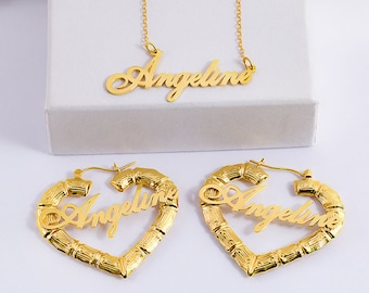 Heart Bamboo Set | Name Earring | Name Necklace | Earring & Necklace Set | Necklace | Free Shipping |
