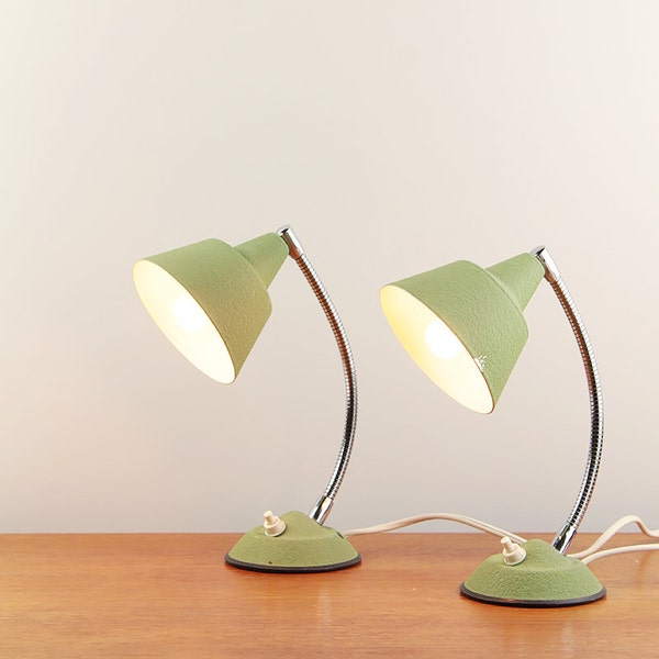 Pair of French mid century table lamps in olive green color - Made by Aluminor