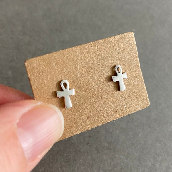 Sterling Silver Tiny Mini Ankh Stud Earrings - Sterling Silver [ESV1062]