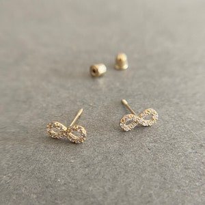 Screw Backs/14K Solid Gold Tiny CZ Infinity Stud Earrings- 14K Solid Gold