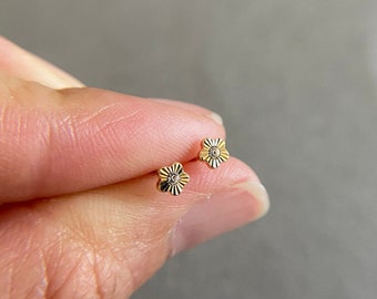 SCREW BACK/14K Solid Gold Tiny Diamond Cut CZ Flower Stud Earrings- 14K Solid Gold
