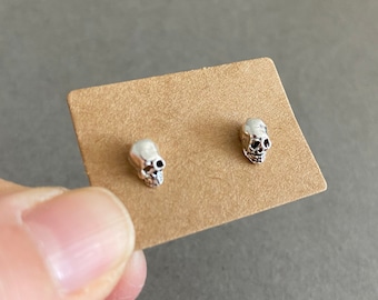 Silver Tiny Mini Skull Stud Earrings Type C - Sterling Silver [ESV1011]