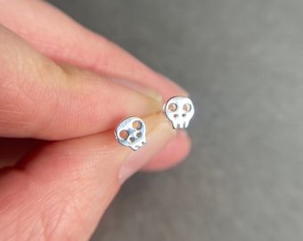 Silver Tiny Mini Skull Stud Earrings - Sterling Silver