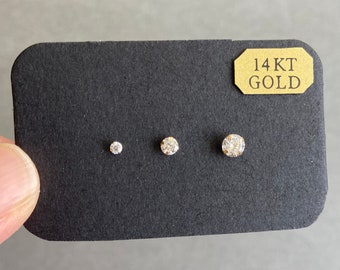 14K Solid Gold/Tro Set Tiny CZ Stud Earrings 1.5mm 2mm,3mm,4mm - 14K Solid Gold