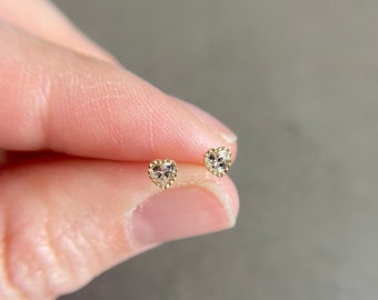 SCREW BACK/14K Solid Gold Tiny CZ Bezel  Heart Stud Earrings- 14K Solid Gold