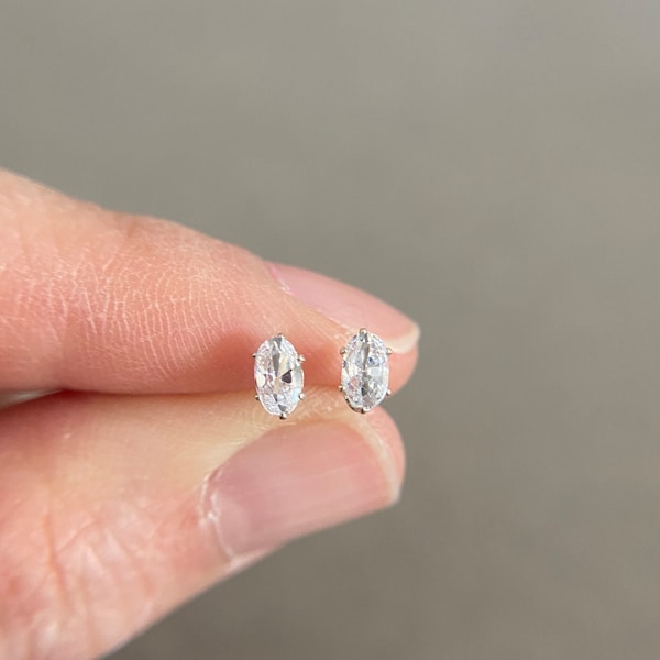 Silver Tiny Mini CZ Oval Stud Earrings - Sterling Silver