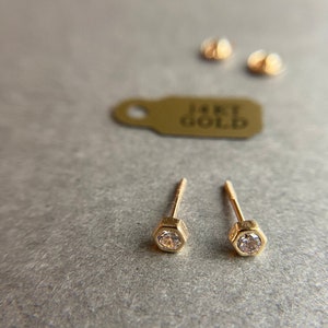 SCREW BACK/14K Solid Gold CZ Hexagon Stud Earrings- 14K Solid Gold