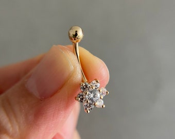 14K Solid Gold/ CZ Flower Belly Button Rings, Navel Piercing,Belly Barbell, Belly Button Jewelry, Belly Piercing - 14K Solid Gold