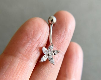 Sterling Silver CZ Flower Belly Button Rings, Navel Piercing,Belly Barbell, Belly Button Jewelry, Belly Piercing - Sterling Silver