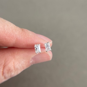 SilverTiny Mini CZ Baguette Rectangle Shape Stud Earrings-Sterling Silver