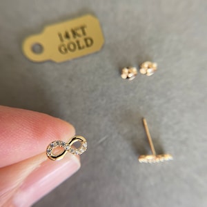 14K Solid Gold Tiny CZ Infinity Stud Earrings- 14K Solid Gold