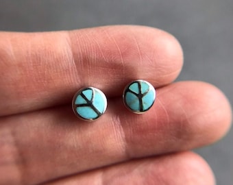 Silver Peace Sign Turquoise Mother of Pearl Silver Stud Earrings - Sterling Silver
