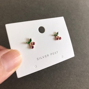 Tiny CZ Cherry Stud Earrings - Sterling Silver Pin Post