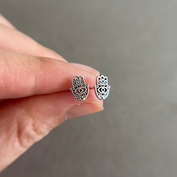 Silver Hamsa Hand Stud Earrings, Hand of Fatima Stud Earrings -  Sterling Silver [ESV1044]