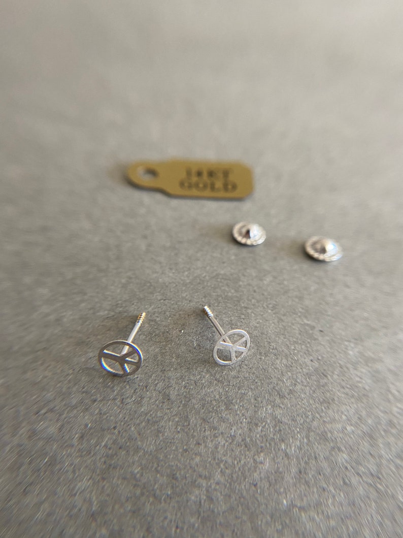14K Solid Gold SCREW BACK14K Solid Gold Tiny Peace Sign Stud Earrings