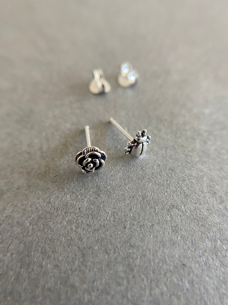 Tiny Mini Rose and Ladybug Stud Earrings Sterling Silver