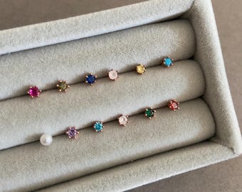 Pendientes de botón de oro rosa de 3 mm con piedra natal - Cierre de plata de ley
