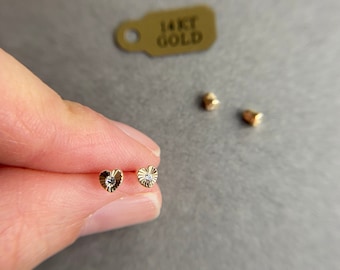 SCREW BACK/14K Solid Gold Tiny Diamond Cut CZ Heart Stud Earrings- 14K Solid Gold