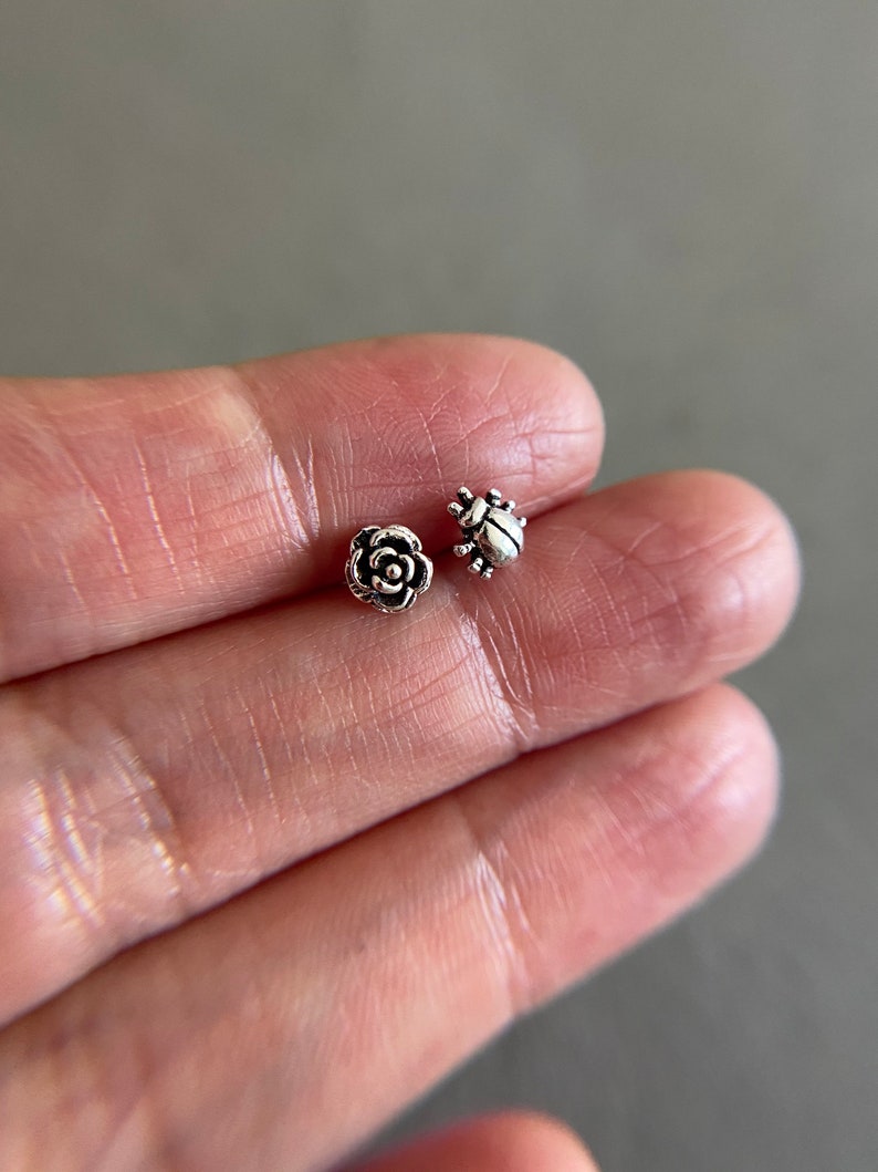 Tiny Mini Rose and Ladybug Stud Earrings Sterling Silver