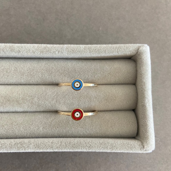 14K Solid Gold/ Round Circle Evil Eye Ring, Red Blue- 14K Solid Gold