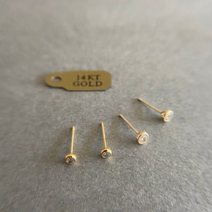 14K Solid Gold 3mm 4mm 5mm CZ Bezel Round Stud Earrings- 14K Solid Gold