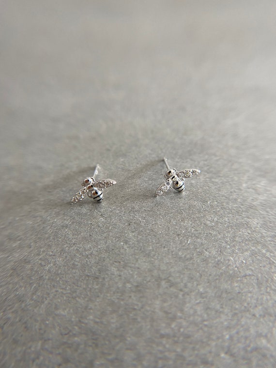Silver Tiny CZ Honey Bee Stud Earrings - Sterling… - image 3