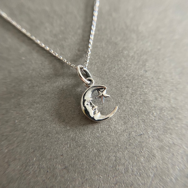 Silver Tiny Mini Crecent Moon and Star Necklace - Sterling Silver [NS1024]