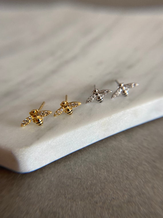 Silver Tiny CZ Honey Bee Stud Earrings - Sterling… - image 8