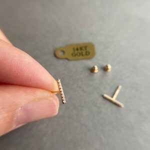 SCREW BACK/14K Solid Gold Tiny CZ Bar Stud Earrings- 14K Solid Gold