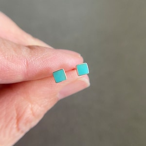 Square Turquoise, Black, Mother of Pearl Stud Earrings - Sterling Silver