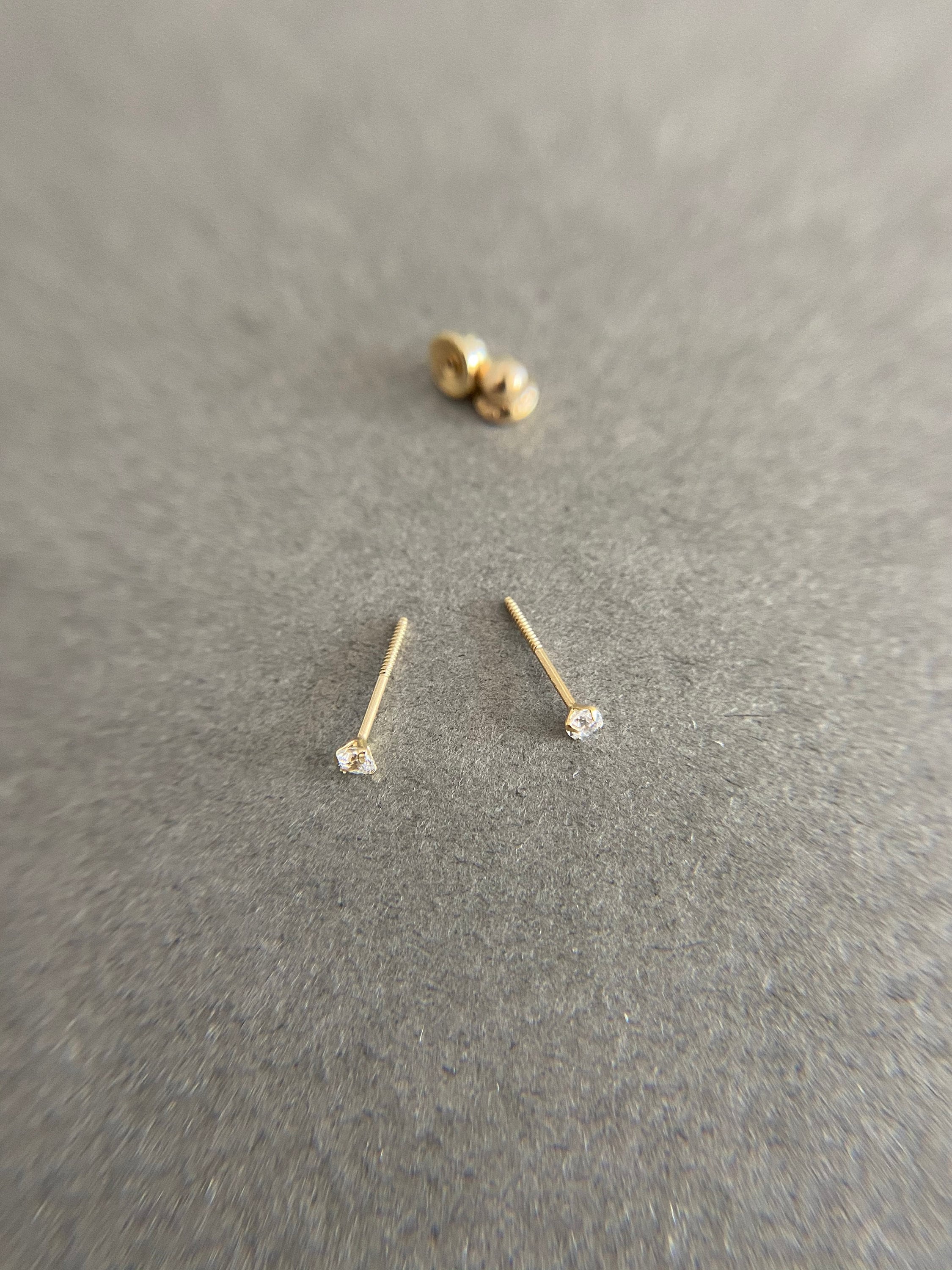 Teeny Tiny Heart Studs, 3mm Clear CZ Baby/Children's Earrings, Screw Back - 14K Gold