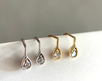 Petite créole ouverte en forme de larme CZ en argent, demi-créole simple, petites boucles d'oreilles minimalistes - Argent sterling