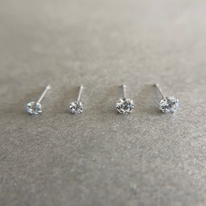 14K Solid White Gold Tiny CZ Stud Earrings - 14K Solid White Gold