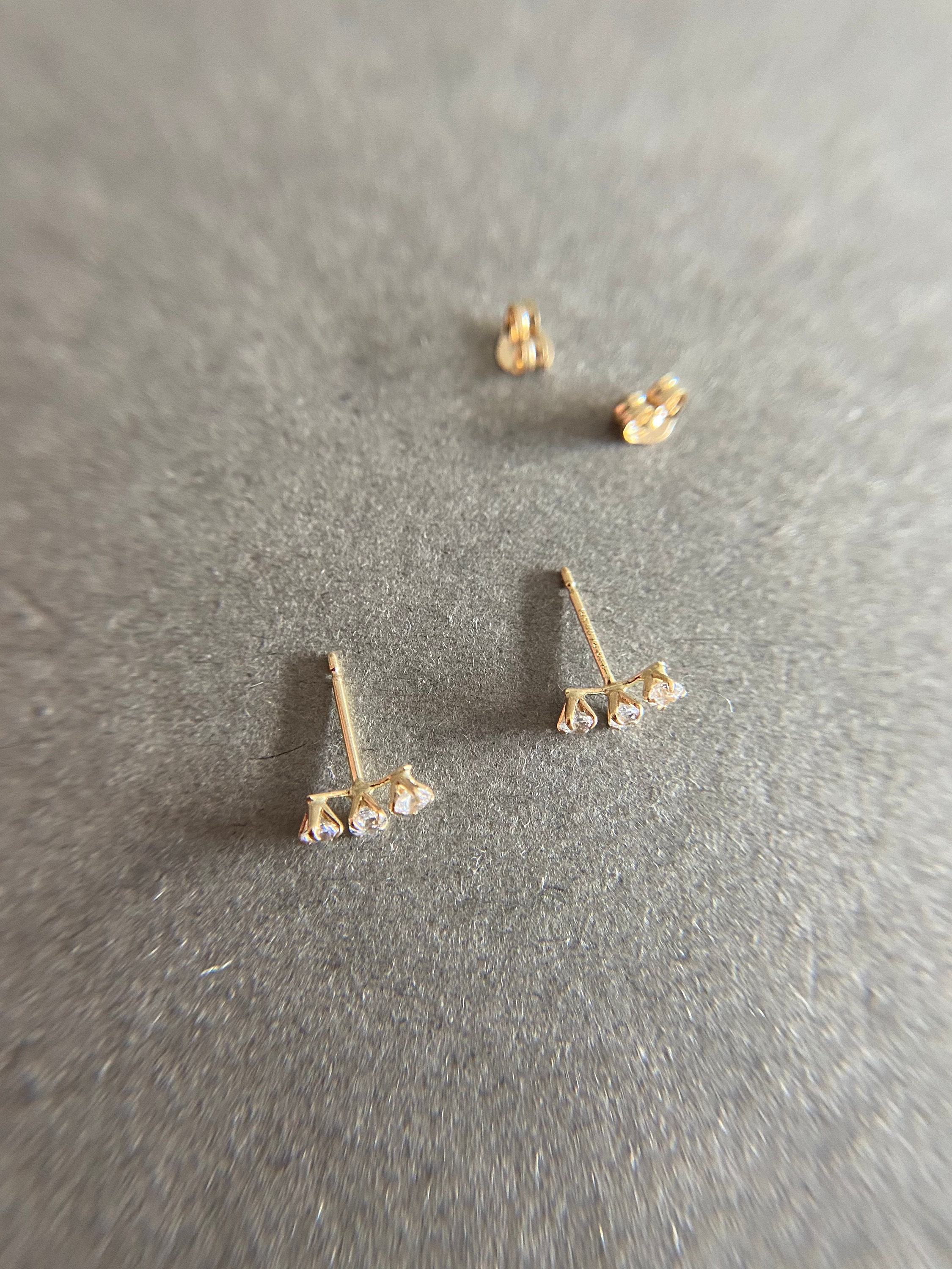 14K Solid Gold Tiny CZ Round Bar Crecent Moon Stud Earrings