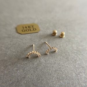 SCREW BACK/ 14K Solid Gold Tiny CZ Crescent Moon Stud Earrings - 14K Solid Gold