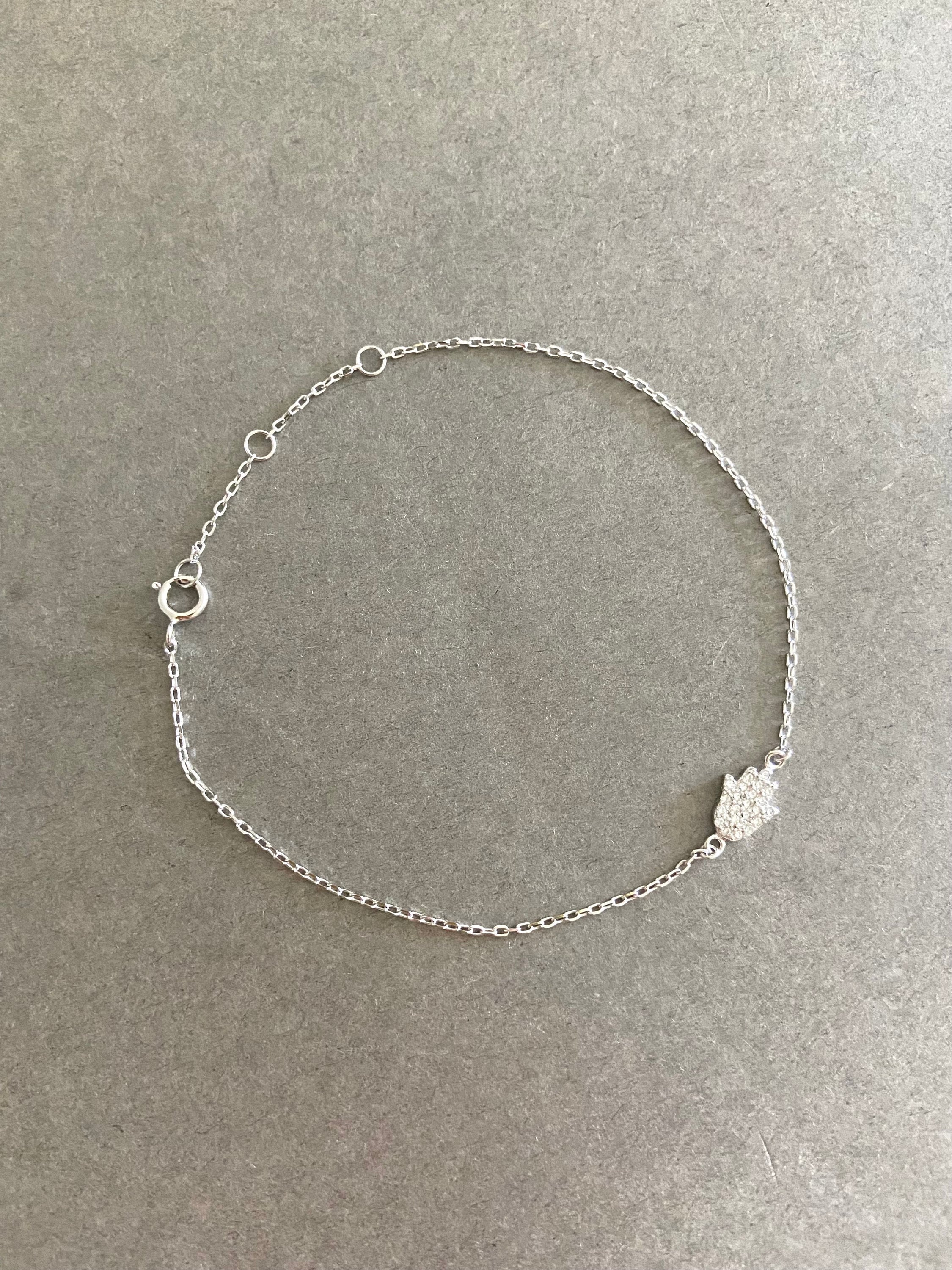 Silver Tiny CZ Hamsa Chain Bracelet -Sterling Silver