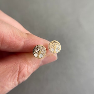 14K Solid Gold Opal Tree of Life Stud Earrings - 14K Solid Gold