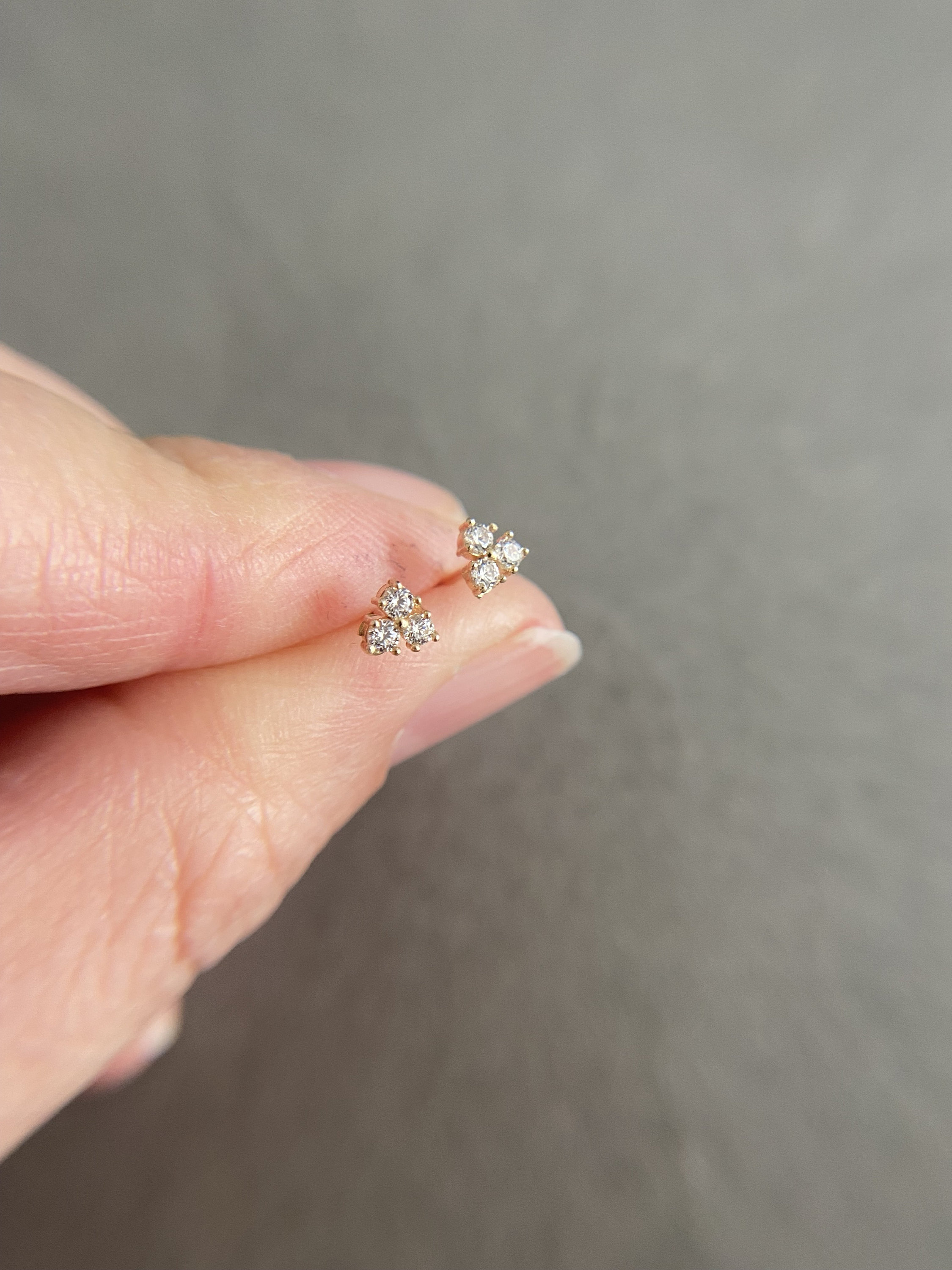 SCREW BACK/14K Solid Gold Tiny CZ 3 Stone Stud Earrings