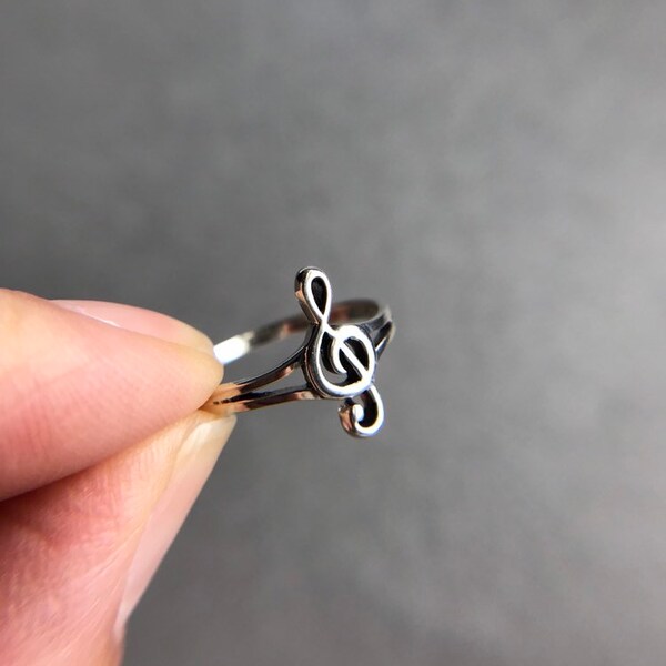 Bague de note de musique en argent minuscule avec clé de sol - Argent sterling [R1018]