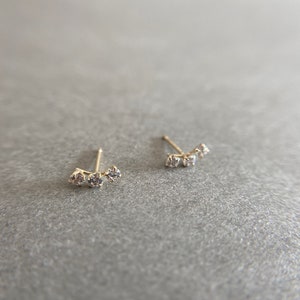 14K Solid Gold Tiny CZ Round Bar Crecent Moon Stud Earrings - 14K Solid Gold