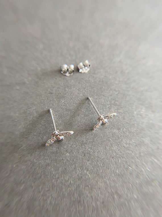 Silver Tiny CZ Honey Bee Stud Earrings - Sterling… - image 6