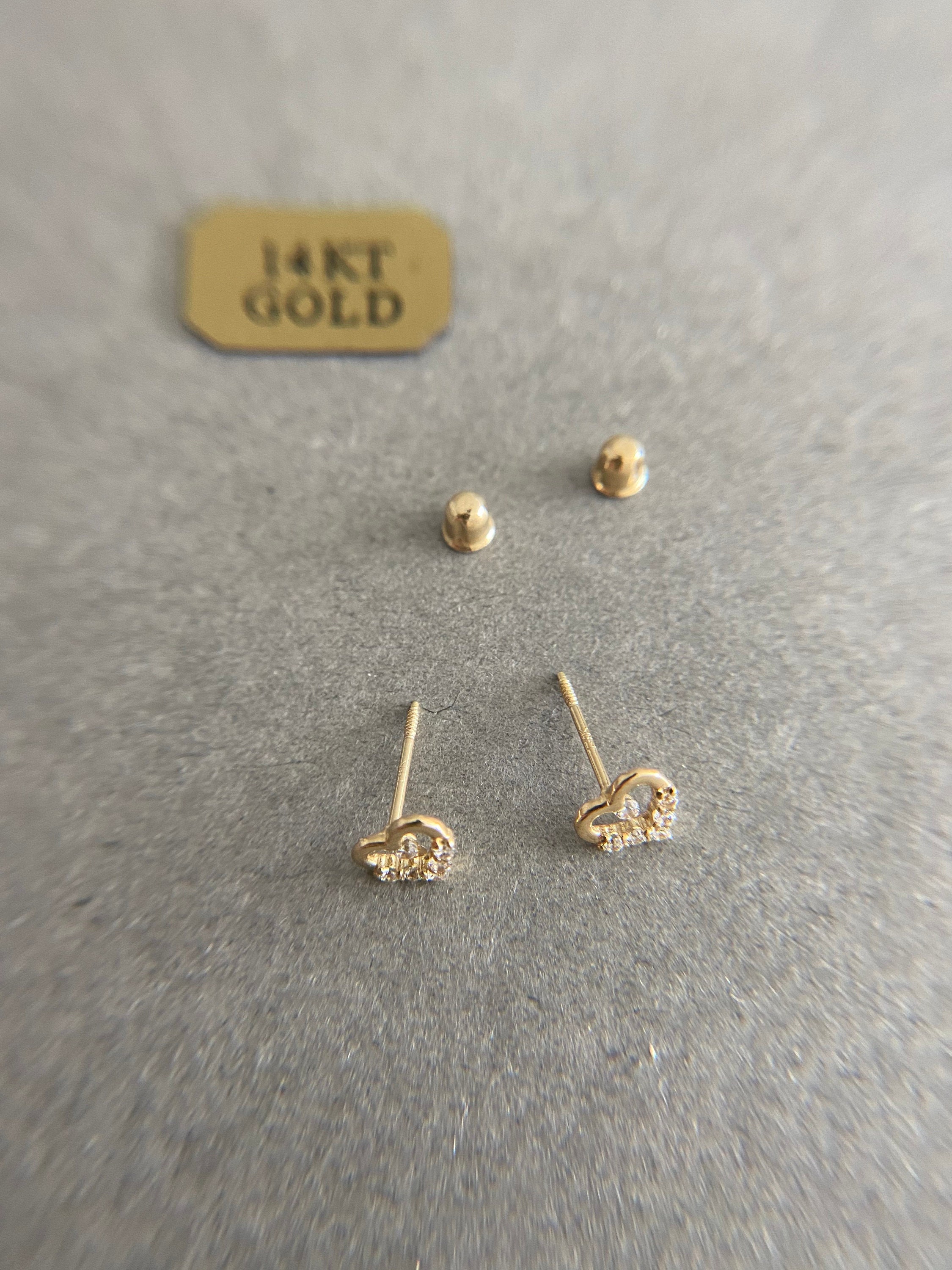 SCREW BACK/14K Solid Gold Tiny CZ Heart Stud Earrings- 14K
