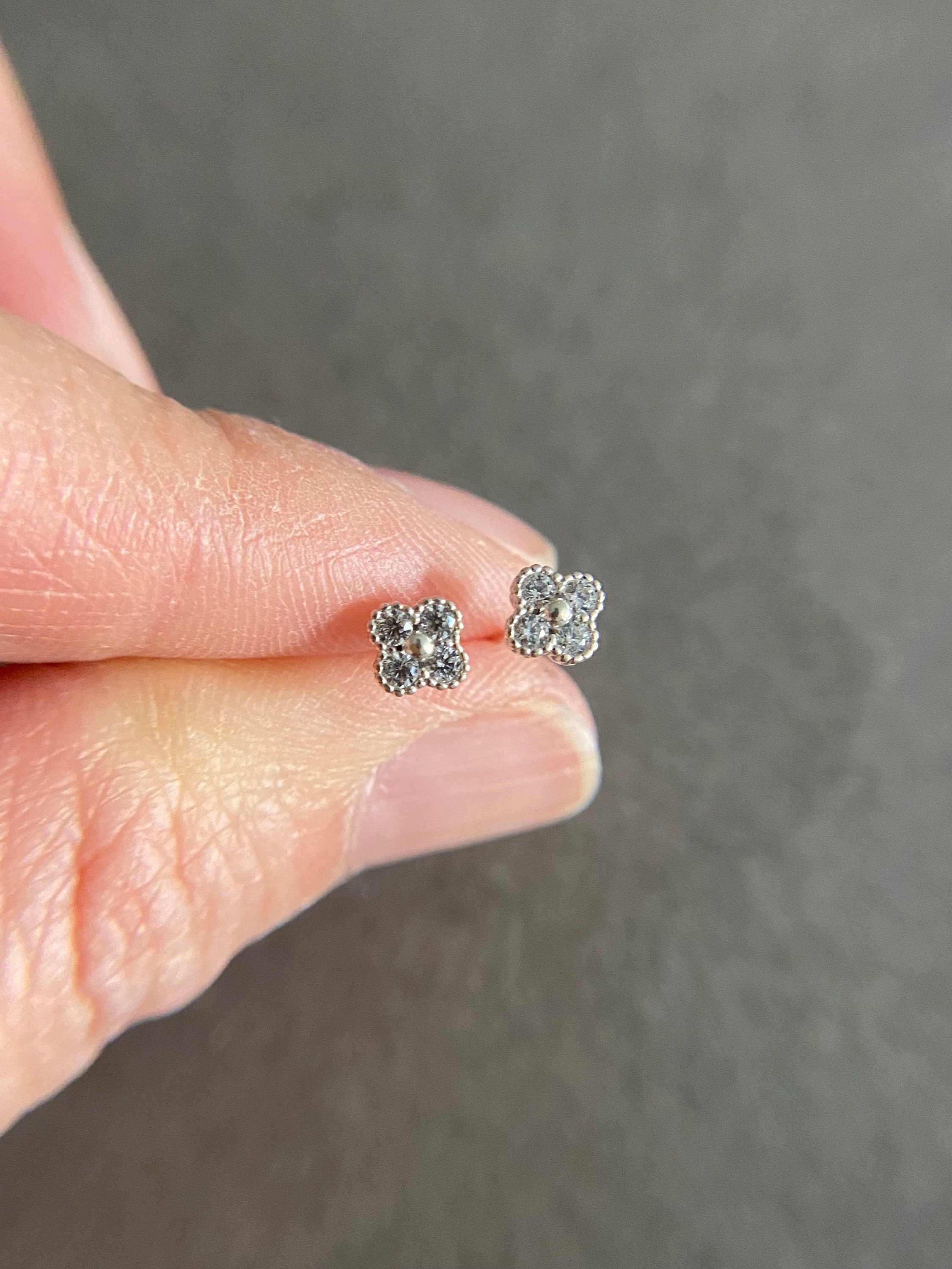 Silver Tiny Mini 4 Leaf Flower Stud Earrings - Sterling Silver