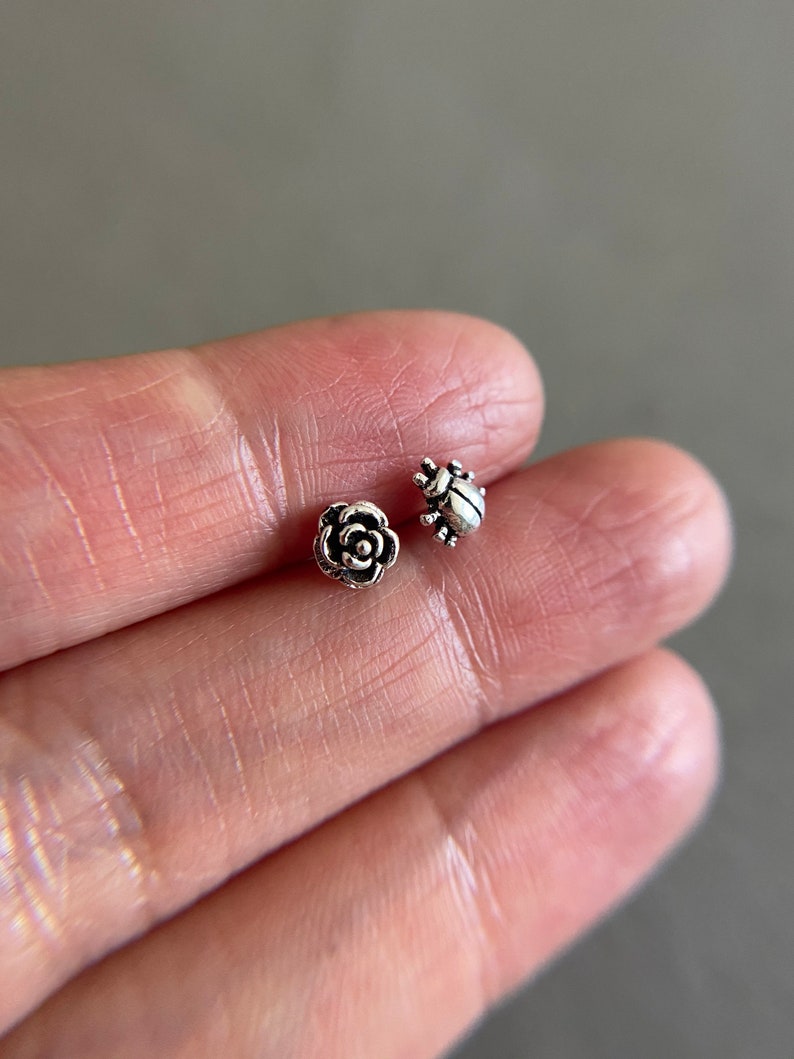 Tiny Mini Rose and Ladybug Stud Earrings Sterling Silver