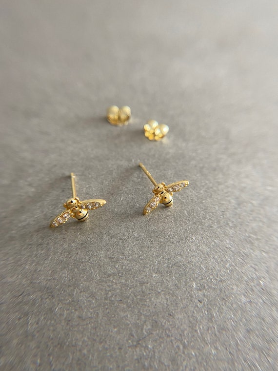 Silver Tiny CZ Honey Bee Stud Earrings - Sterling… - image 7