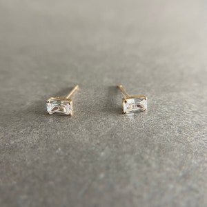 14K Solid Gold CZ Baguette Rectangle Shape Stud Earrings - 14K Solid Gold