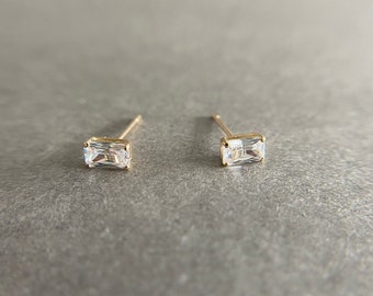 14K Solid Gold CZ Baguette Rectangle Shape Stud Earrings - 14K Solid Gold