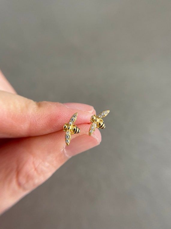 Silver Tiny CZ Honey Bee Stud Earrings - Sterling… - image 1