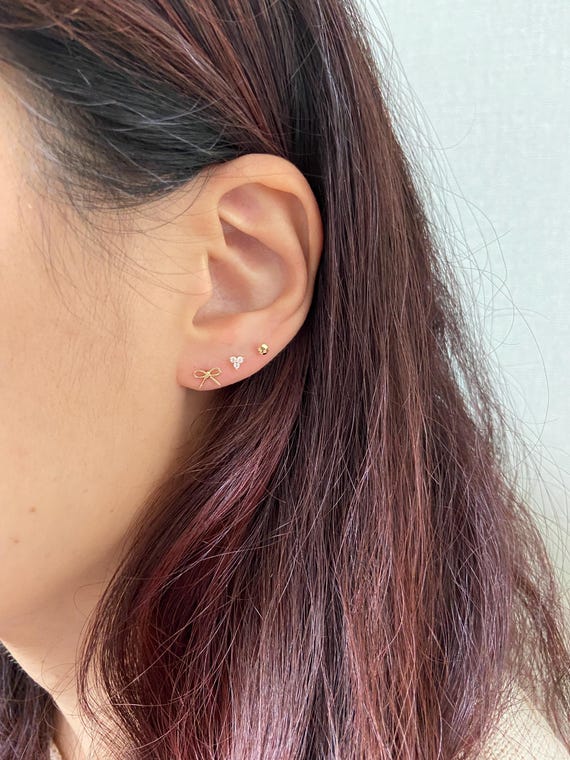 14K Solid Gold/ Tiny Bow Ribbon B Stud Earrings - 14K Solid